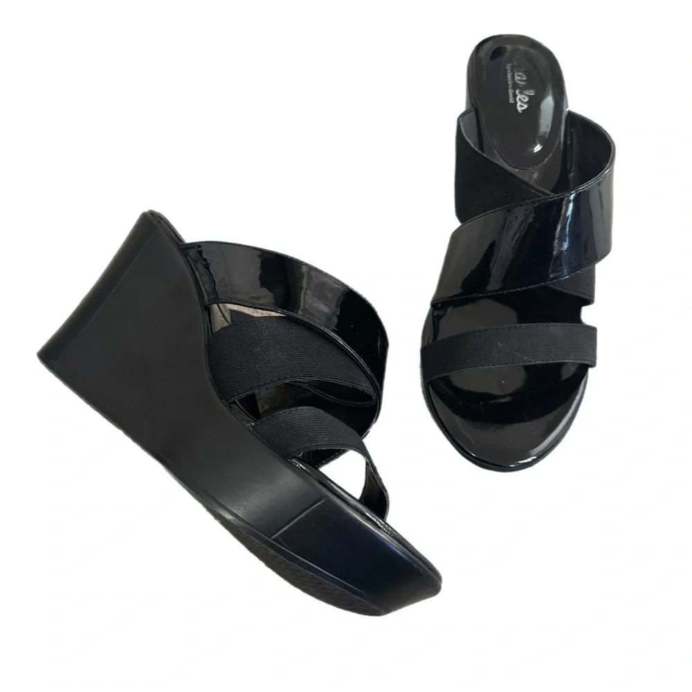 Charles David Black Platform Wedge Shoes with Elastic Straps